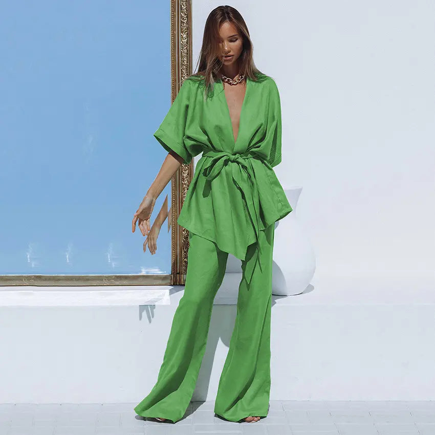 Ensemble kimono fluide pour femme avec haut ceinturé et pantalon ample, manches kimono, léger et confortable, couleur vert
