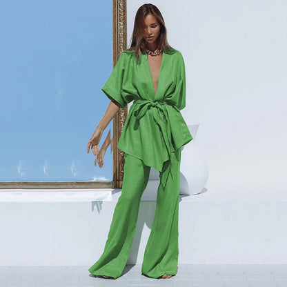 Ensemble kimono fluide pour femme avec haut ceinturé et pantalon ample, manches kimono, léger et confortable, couleur vert
