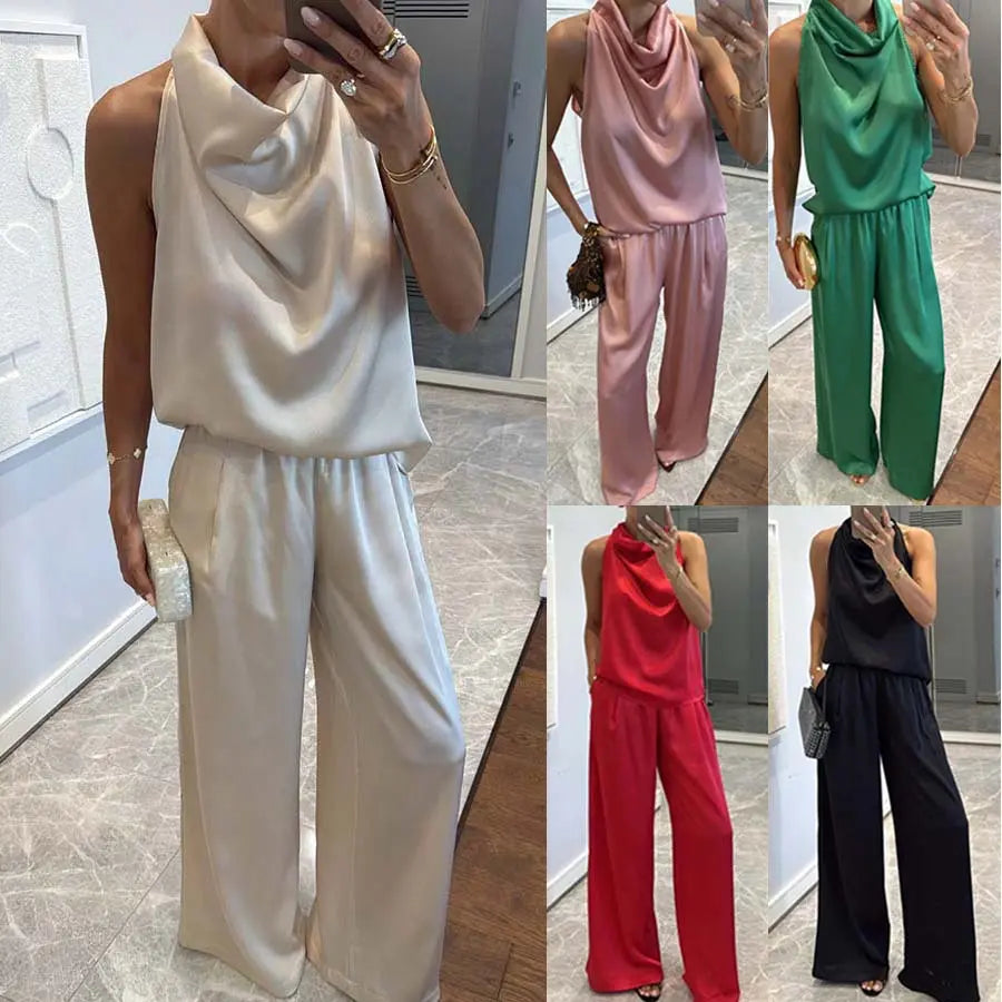 Ensemble satin abricot femme avec pantalon large fluide et top drapé SecretBombe