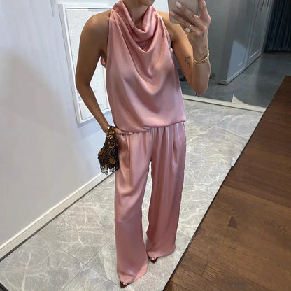 Ensemble satin noir femme élégant avec top drapé sans manches SecretBombe