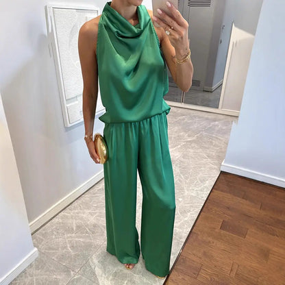 Ensemble satin vert femme look chic avec pantalon large SecretBombe
