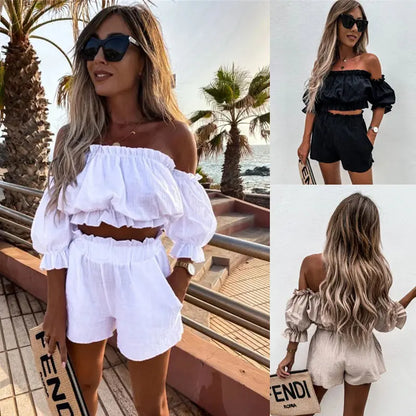 Ensemble été femme blanc avec manches bouffantes et short confortable SecretBombe.