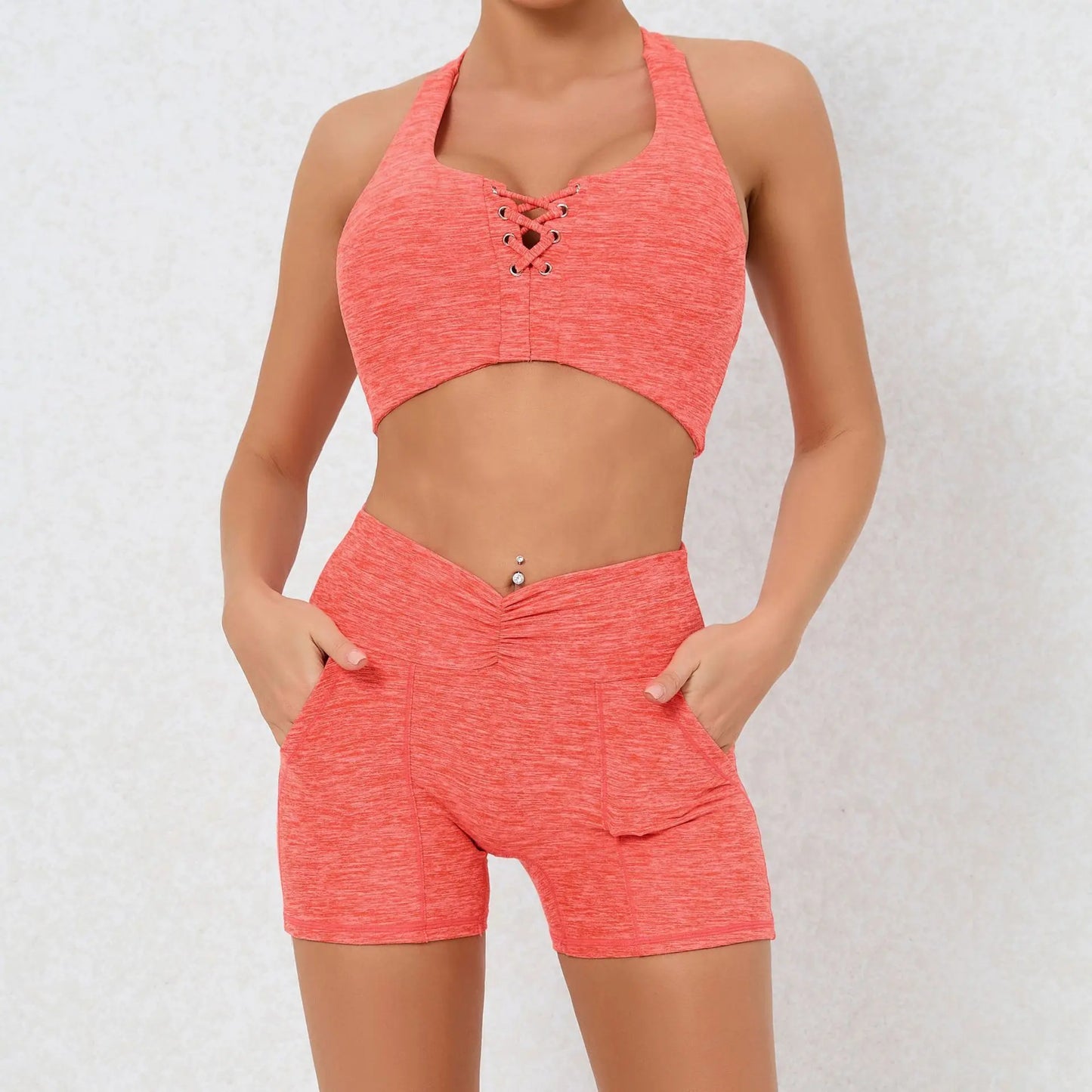 Ensemble de sport femme couleur corail avec brassière et short taille haute SecretBombe