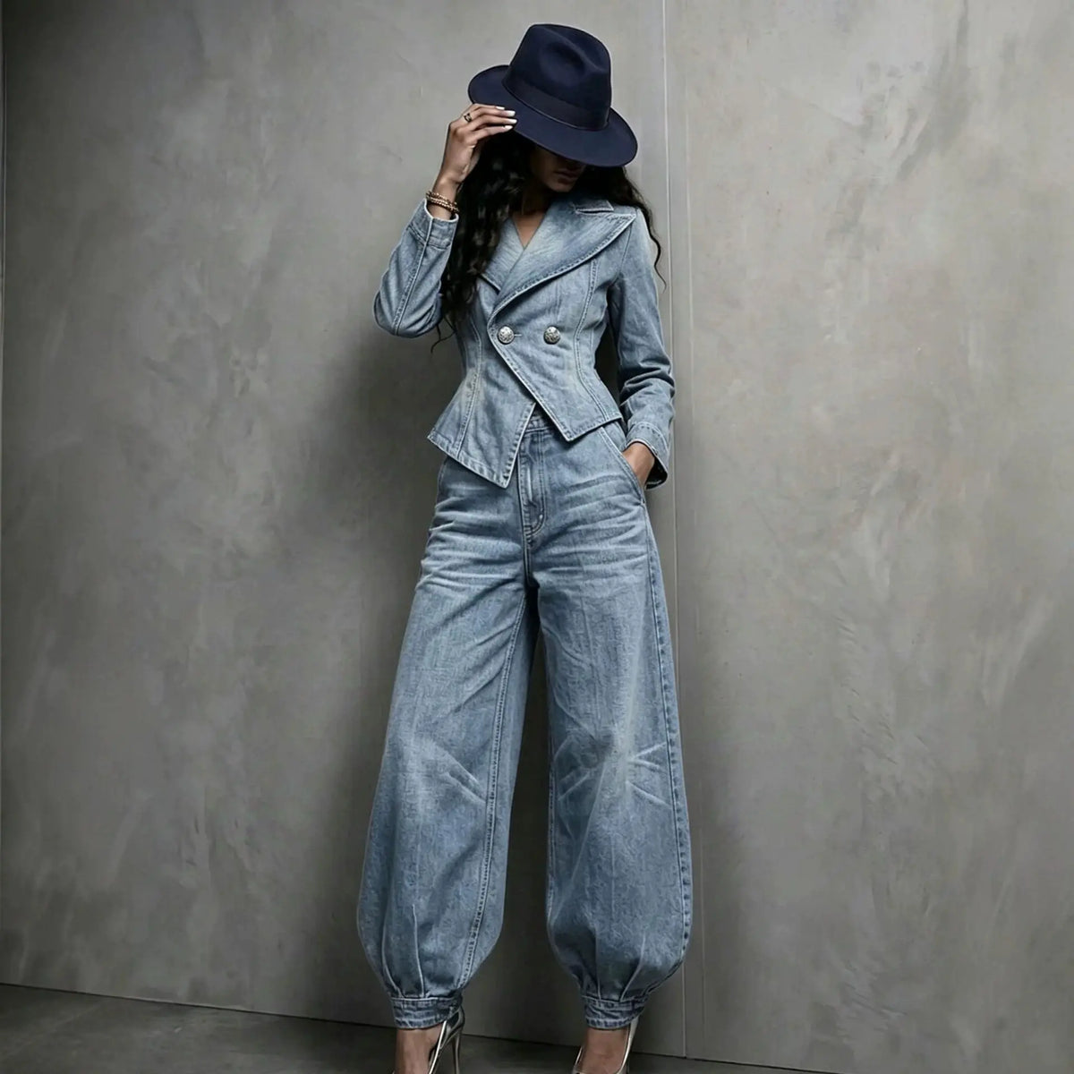 Ensemble femme bleu clair avec veste boutonnée et pantalon ballon SecretBombe