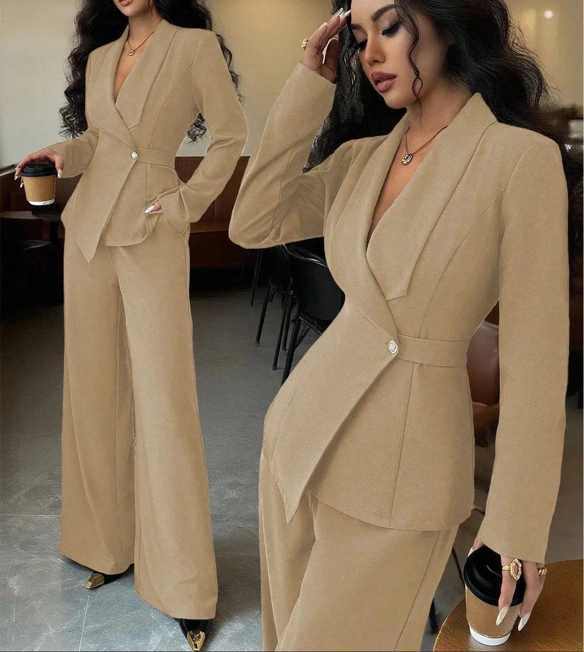 Ensemble tailleur femme beige avec veste boutonnée et pantalon large SecretBombe