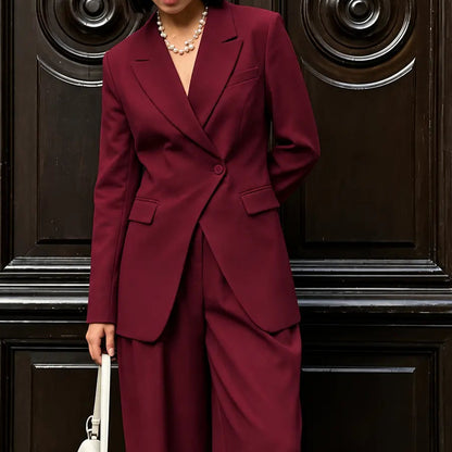 Ensemble tailleur femme bordeaux avec blazer croisé et pantalon large SecretBombe