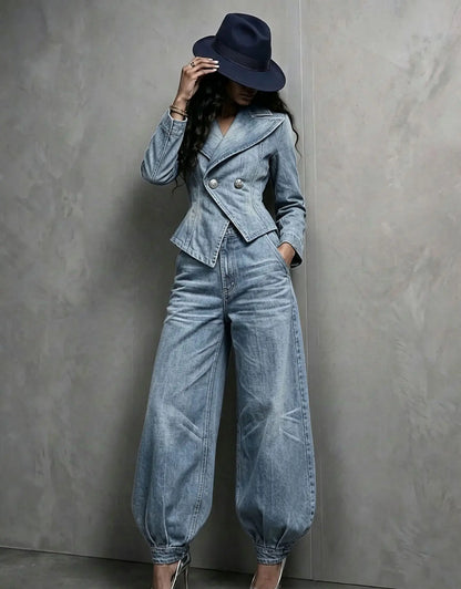 Tailleur pantalon femme bleu clair avec veste cintrée et pantalon ample SecretBombe