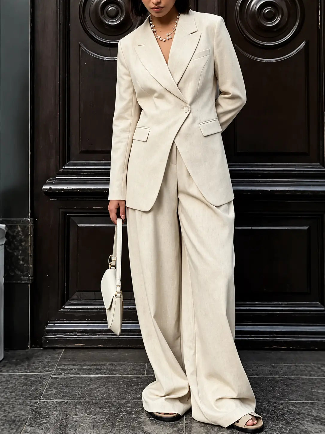 Ensemble tailleur femme écru avec blazer long à col revers et pantalon large SecretBombe