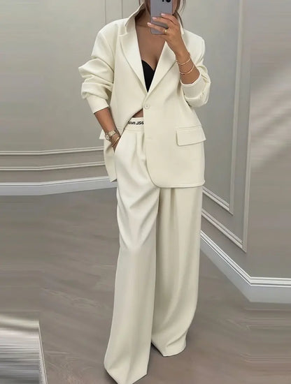 Ensemble deux pièces femme écru avec blazer à col revers et pantalon large SecretBombe