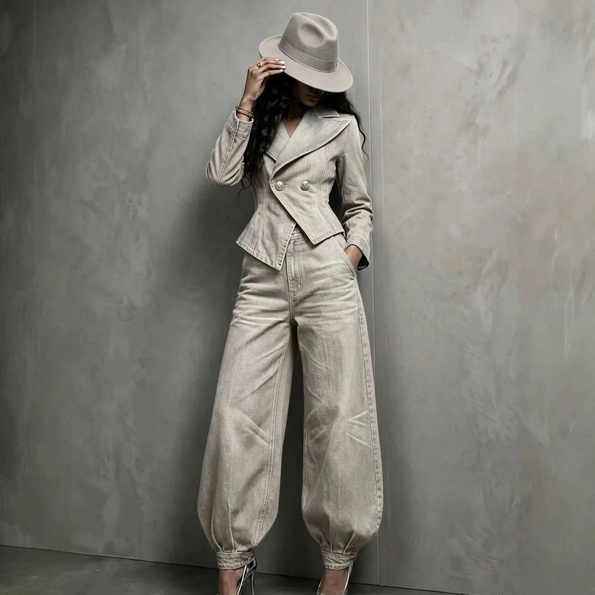 Ensemble femme écru avec veste croisée et pantalon large SecretBombe