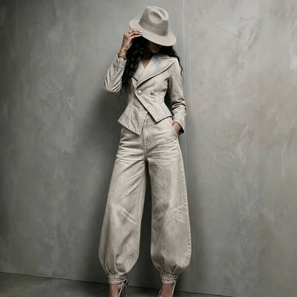 Ensemble femme écru avec veste croisée et pantalon large SecretBombe