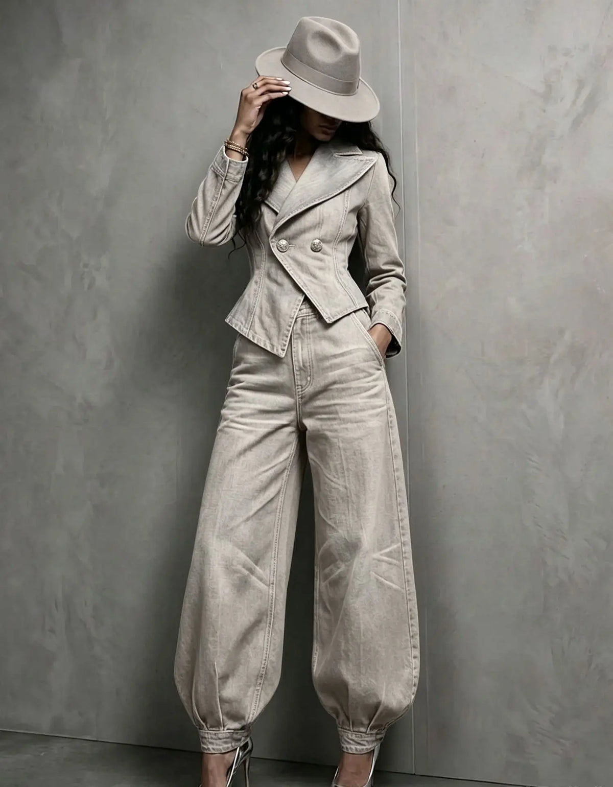 Ensemble tailleur femme écru avec veste cintrée et pantalon ample SecretBombe