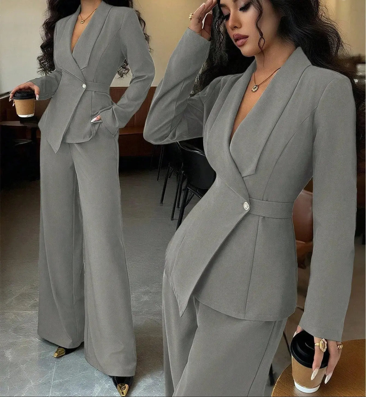 Ensemble tailleur femme gris clair avec veste cintrée à manches longues SecretBombe