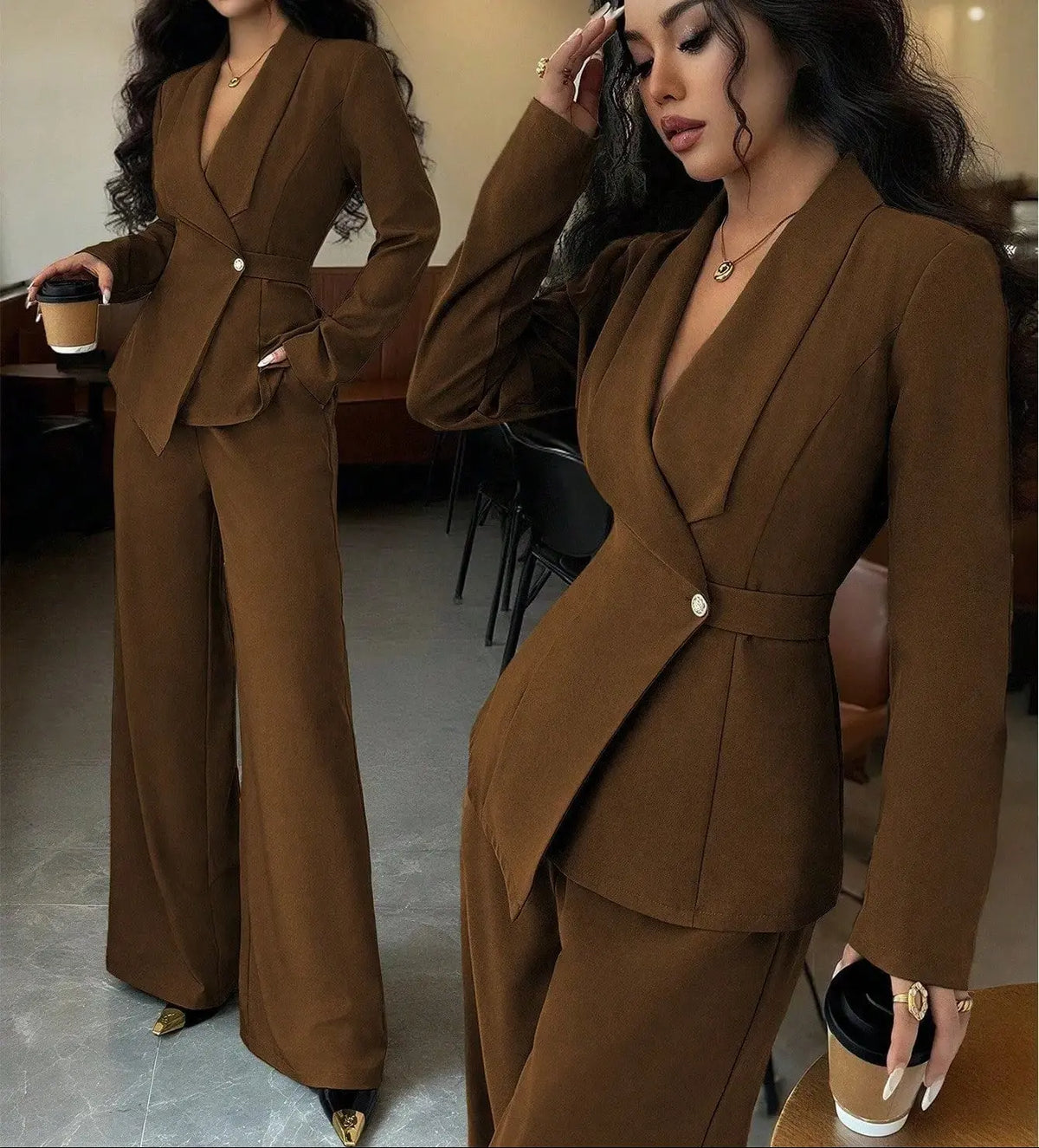 Ensemble tailleur femme marron avec veste asymétrique et pantalon large SecretBombe