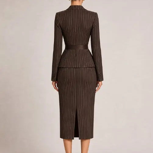 Vue arrière de l’ensemble tailleur femme marron à rayures avec blazer à basque et jupe midi SecretBombe