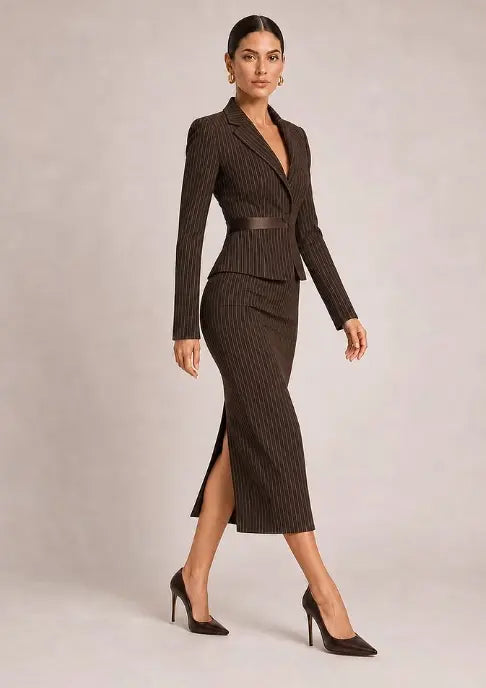 Vue de profil de l’ensemble tailleur femme marron à fines rayures avec veste cintrée et jupe crayon SecretBombe