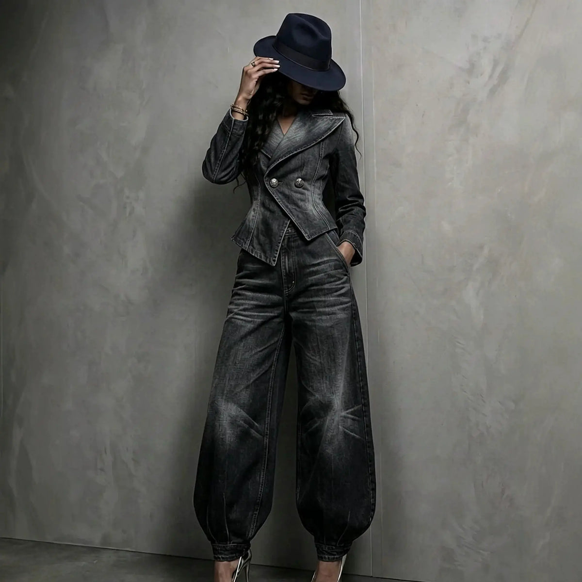 Ensemble tailleur femme noir avec veste cintrée et pantalon ample SecretBombe
