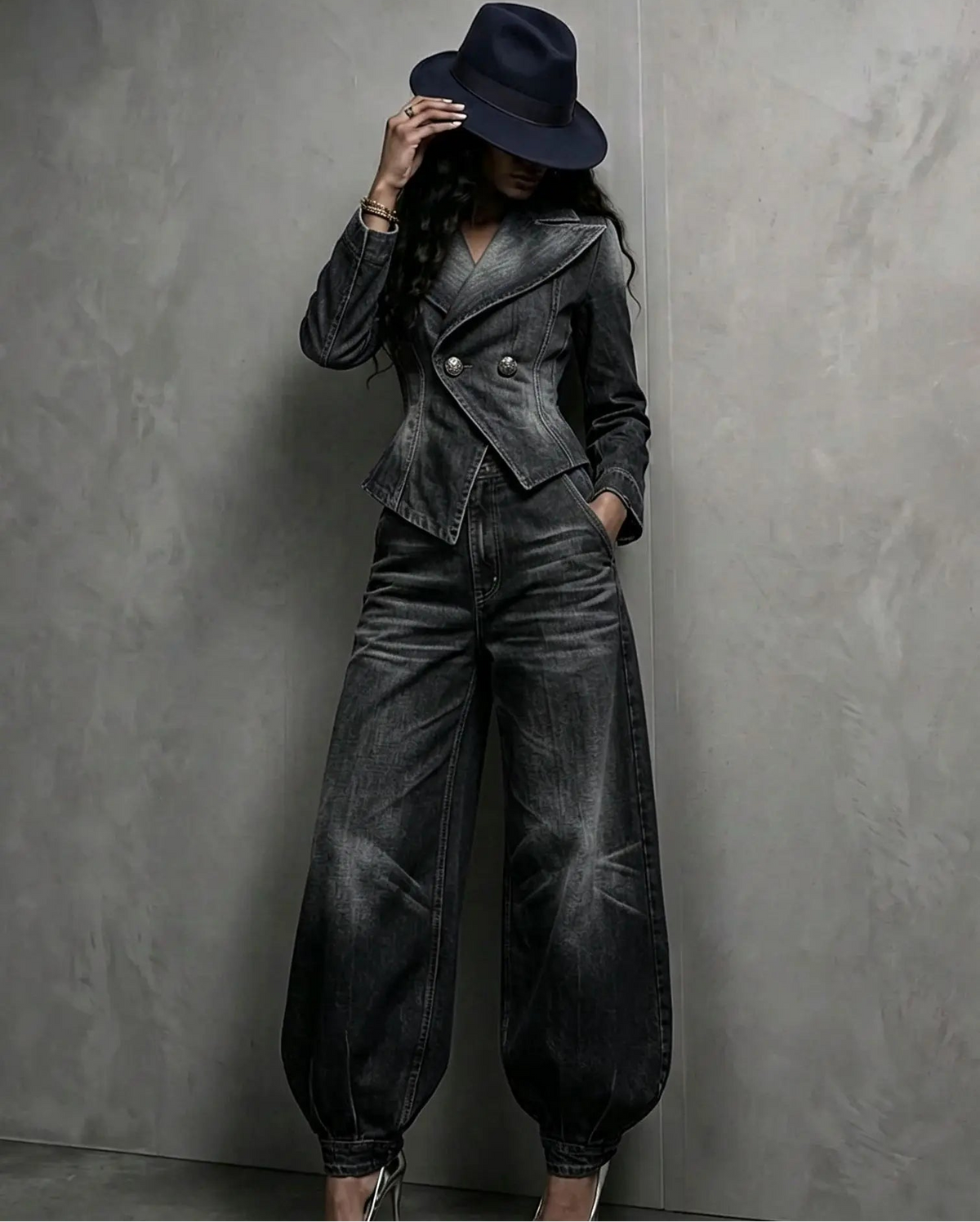 Ensemble tailleur femme noir avec veste cintrée et pantalon ballon SecretBombe