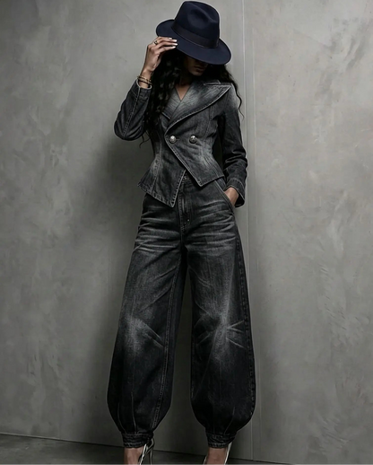 Ensemble tailleur femme noir avec veste cintrée et pantalon ballon SecretBombe