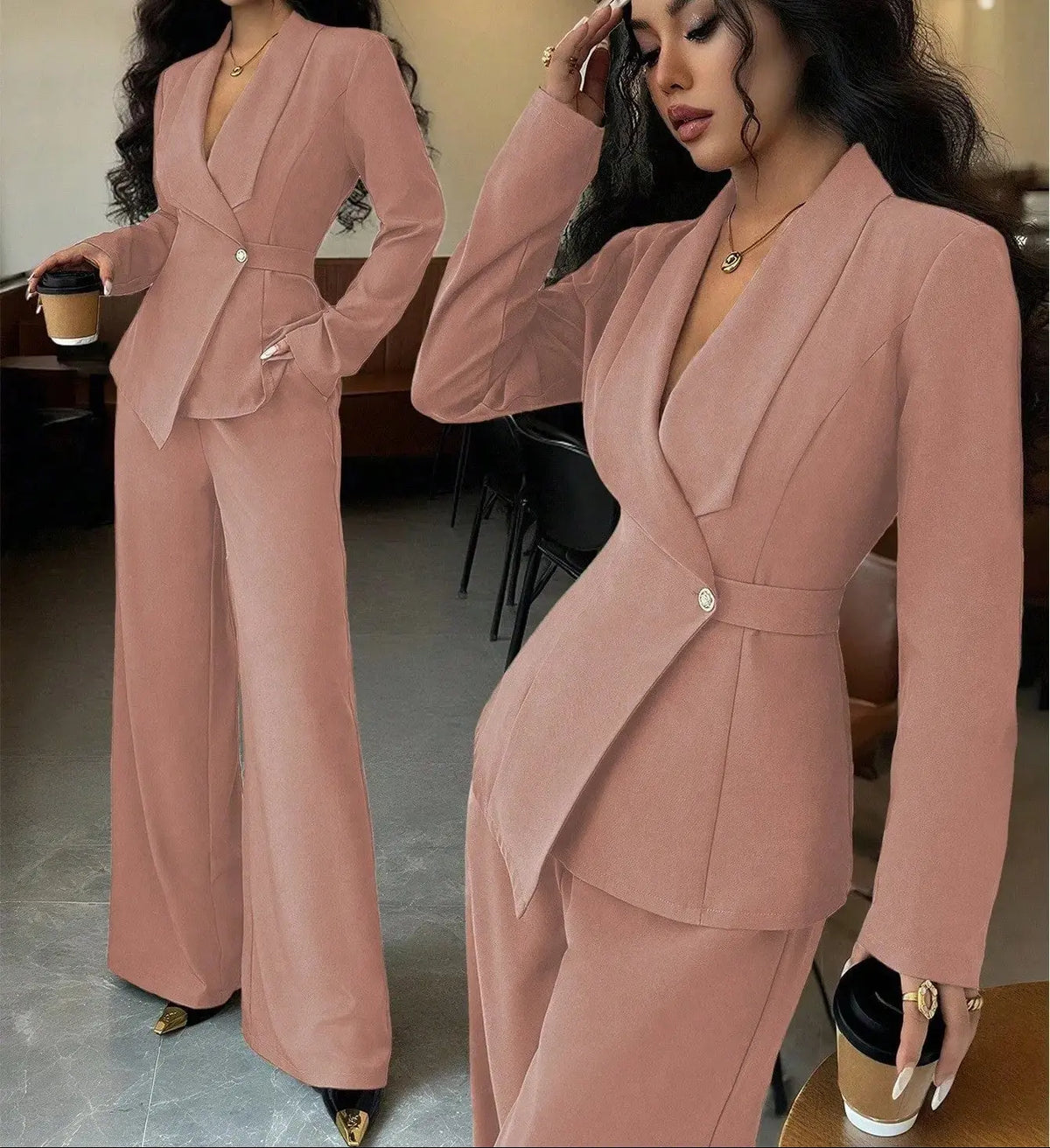 Vue de face de l'ensemble tailleur femme rose poudré SecretBombe