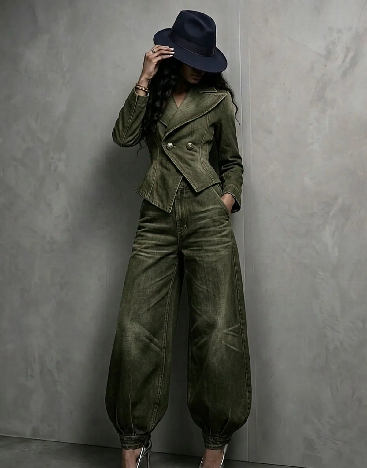 Ensemble femme kaki avec veste structurée et pantalon ballon SecretBombe