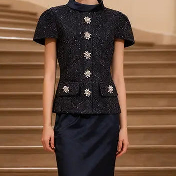 Ensemble femme bleu marine avec haut boutonné à manches courtes et jupe longue sirène SecretBombe