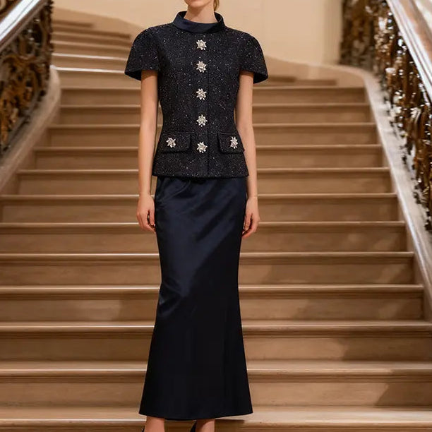 Ensemble femme bleu marine avec haut boutonné à manches courtes et jupe longue sirène SecretBombe
