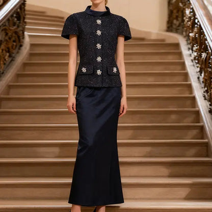 Ensemble femme bleu marine avec haut boutonné à manches courtes et jupe longue sirène SecretBombe
