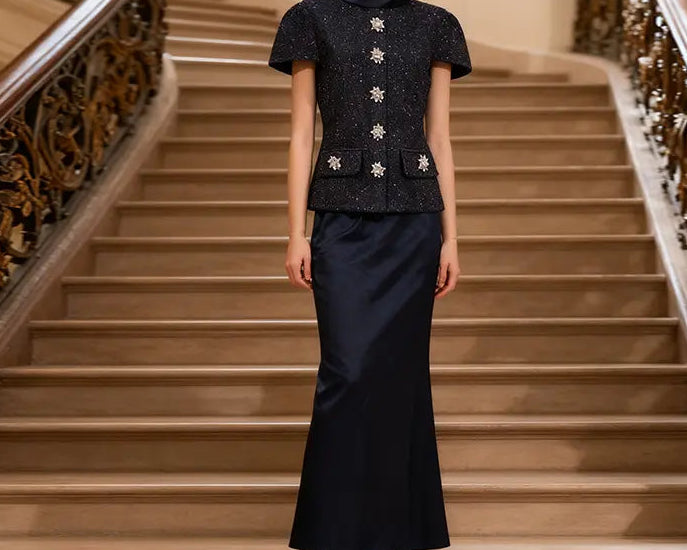 Ensemble femme bleu marine avec haut boutonné à manches courtes et jupe longue sirène SecretBombe
