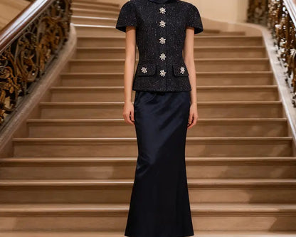 Ensemble femme bleu marine avec haut boutonné à manches courtes et jupe longue sirène SecretBombe