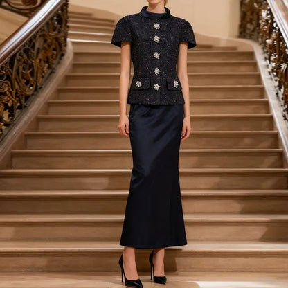 Ensemble femme bleu marine avec haut boutonné à manches courtes et jupe longue sirène SecretBombe