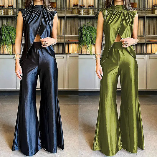 Ensemble top ouvert et pantalon ample, coupe fluide moderne et élégante