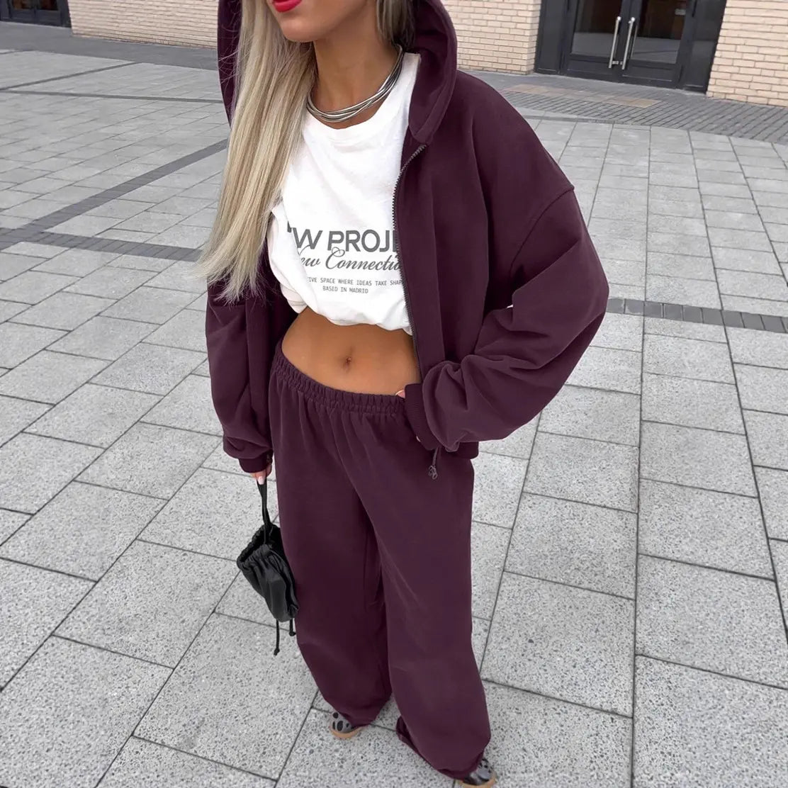 Ensemble femme violet prune veste zippée et pantalon large SecretBombe