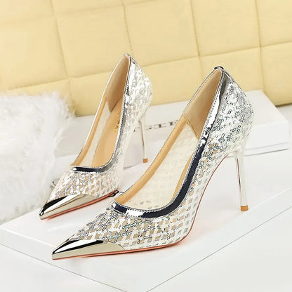 Escarpins femme argentés à sequins avec bout pointu brillant SecretBombe