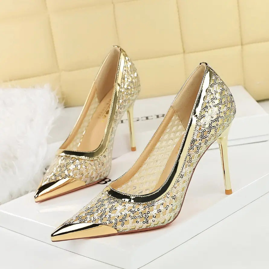 Escarpins femme dorés à paillettes avec talon haut et bout métallisé SecretBombe