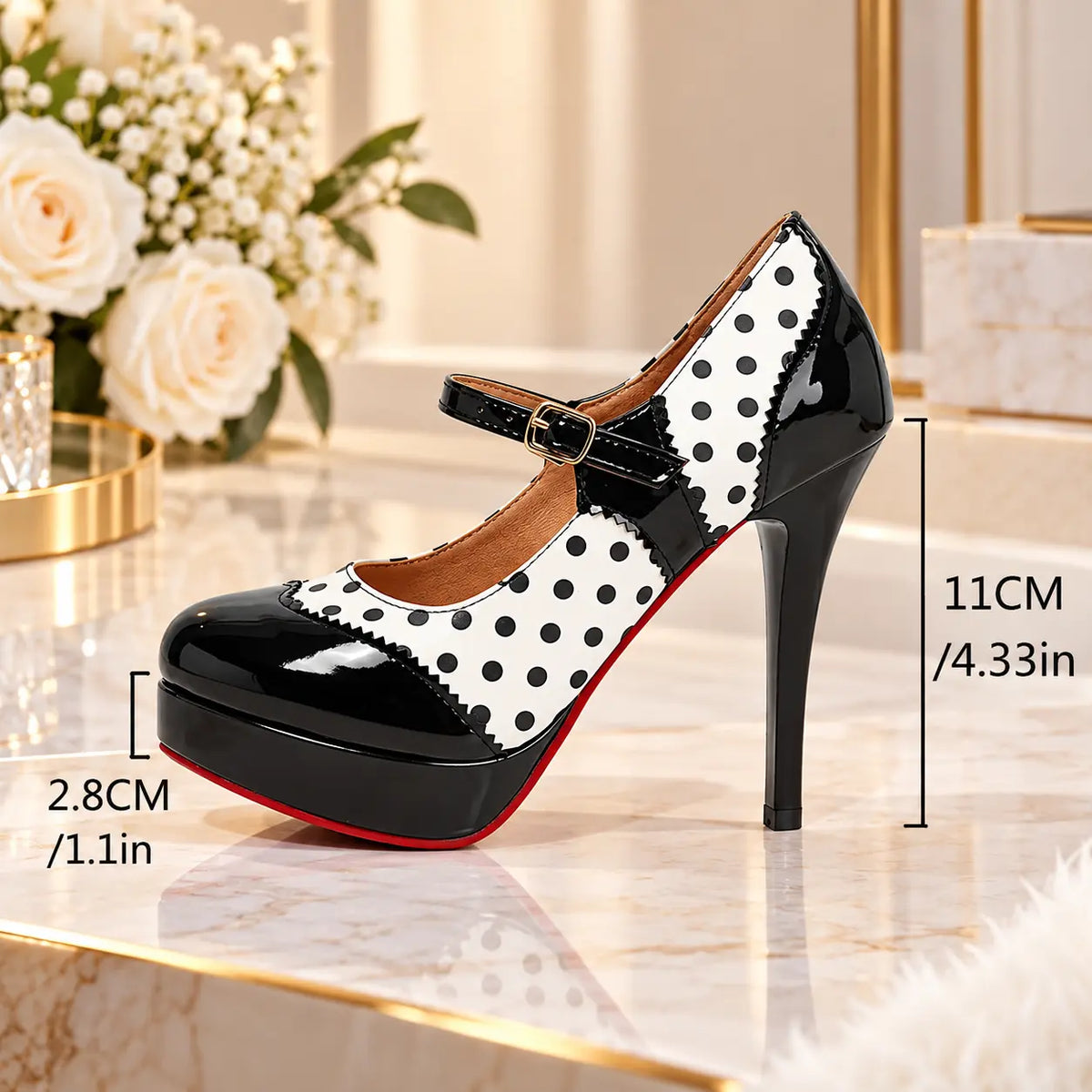 Escarpins femme à pois noirs et blancs avec talon de 11 cm et plateforme de 2,8 cm SecretBombe