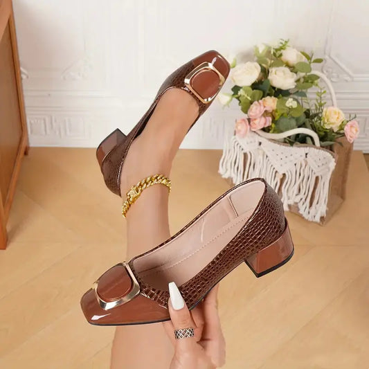 Chaussures femme marron effet crocodile à talon carré élégant