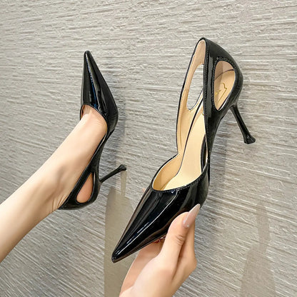 Chaussures femme bout pointu escarpins vernis noirs talon haut 8,5 cm