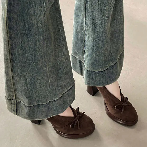 Paire d'escarpins marron femme à nœud et talon carré SecretBombe