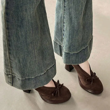 Paire d'escarpins marron femme à nœud et talon carré SecretBombe
