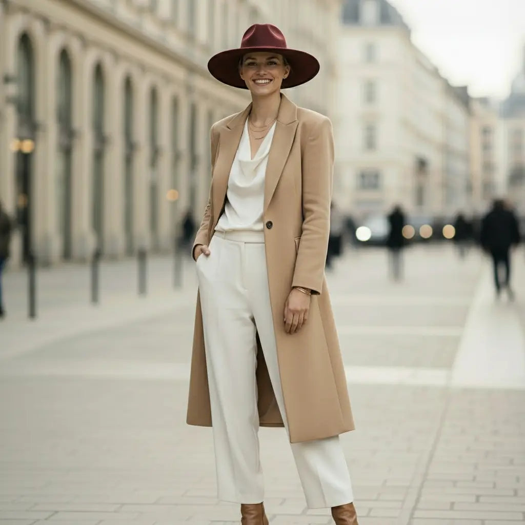 Fedora bordeaux chic avec blazer structuré et jean taille haute, look fashion – SecretBombe