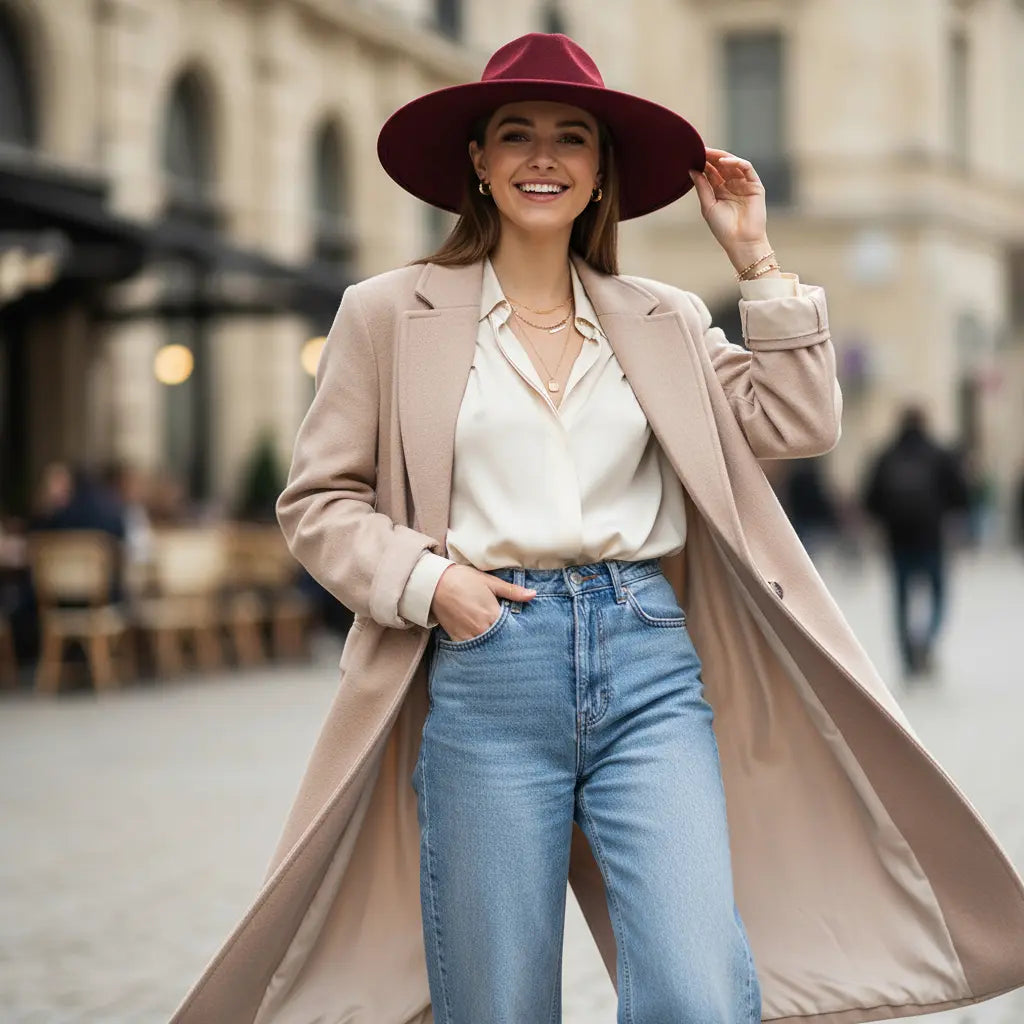 Fedora bordeaux chic avec blazer structuré et jean taille haute, look fashion – SecretBombe