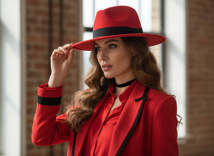 	Gros plan sur Fedora femme montrant le nœud satin et le fil argenté