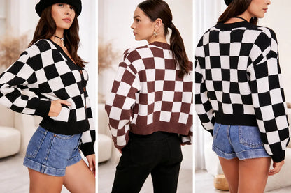 Gilet cardigan femme style urbain chic à carreaux – secretbombe