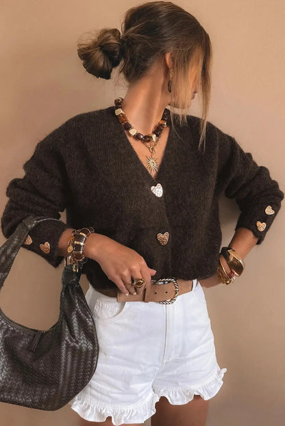 Cardigan femme chocolat avec détails dorés élégants – secretbombe