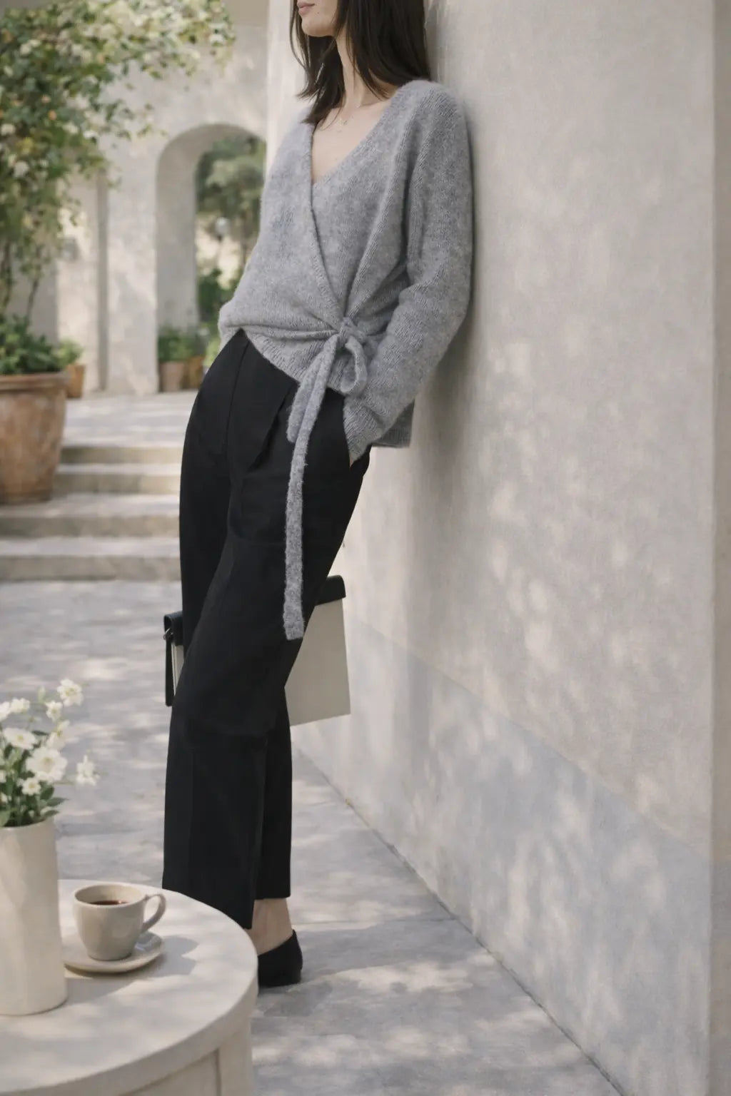 Gilet femme col V croisé gris élégant pour la mi-saison – secretbombe