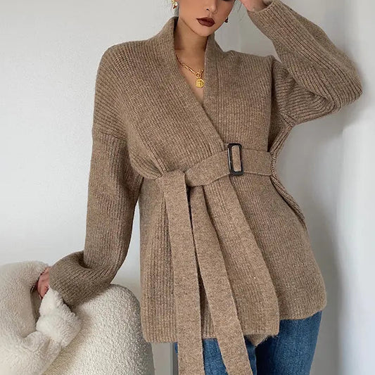 : Cardigan femme ceinturé en maille épaisse couleur khaki style européen – secretbombe