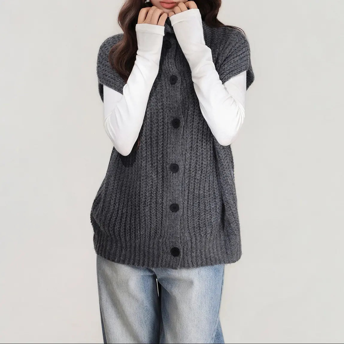 Gilet maille gris femme style casual moderne – secretbombe