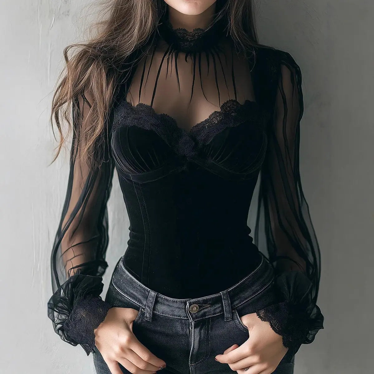 Haut dentelle noir manches longues silhouette raffinée – SecretBombe