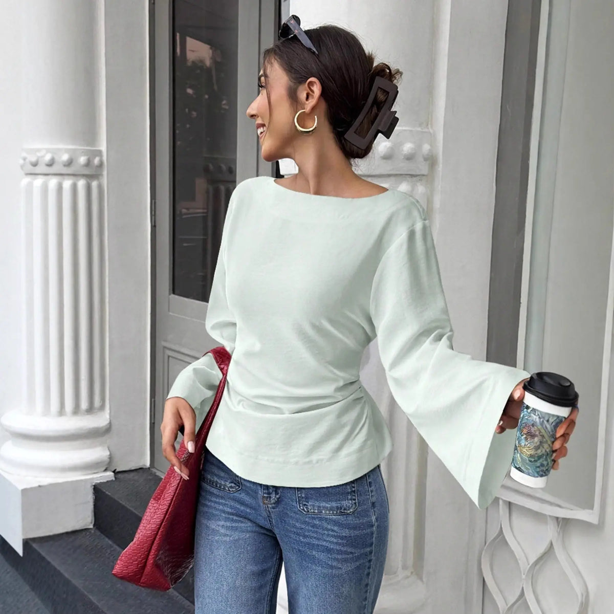 Haut femme fluide à manches évasées style européen chic – SecretBombe